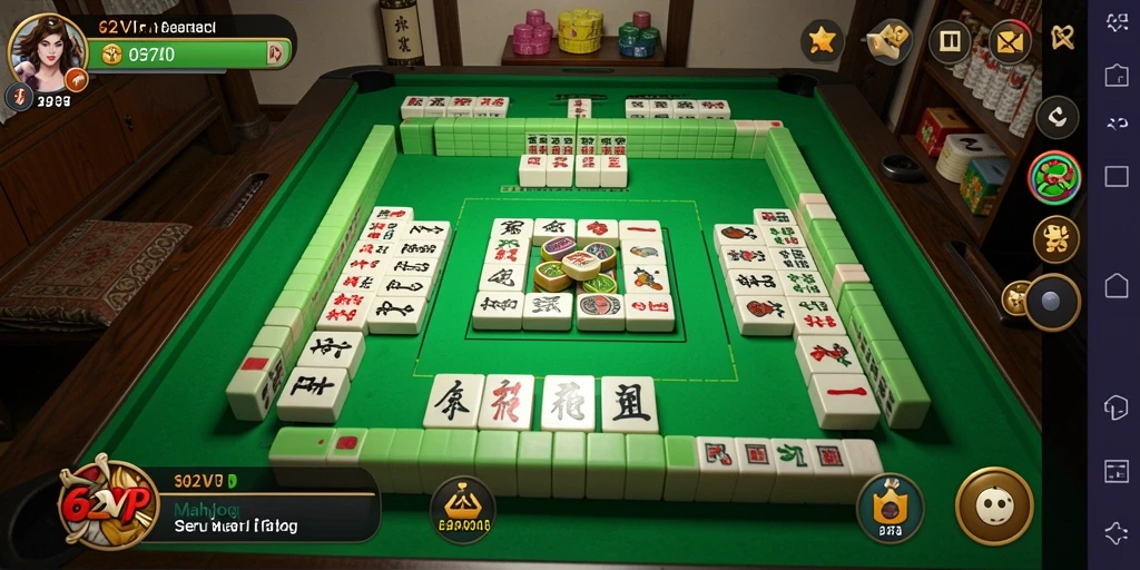 Tampilan gameplay Mahjong menarik dalam 62VIP dengan ubin berwarna-warni.