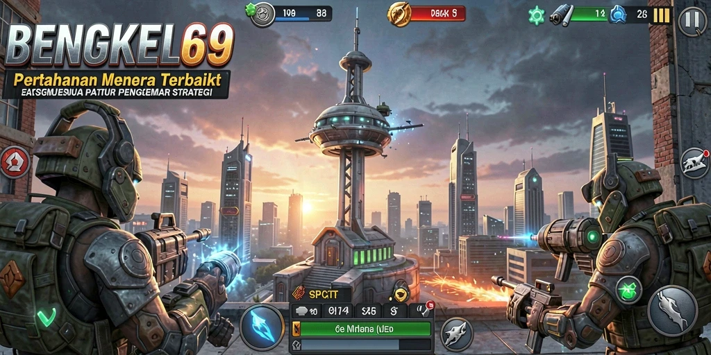 Tampilan gameplay BENGKEL69 dengan menara pertahanan yang menakjubkan.