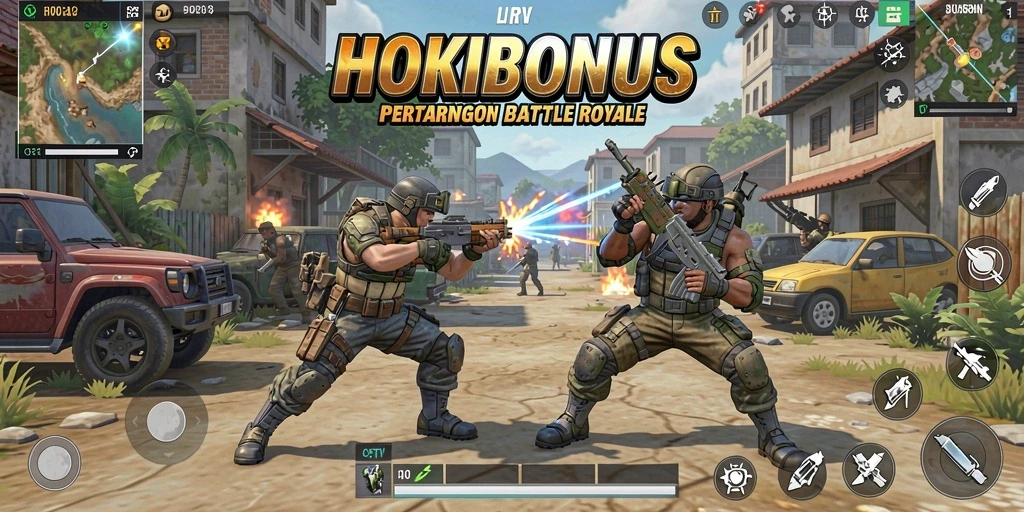 Screenshot HOKIBONUS menunjukkan aksi seru di arena Battle Royale.