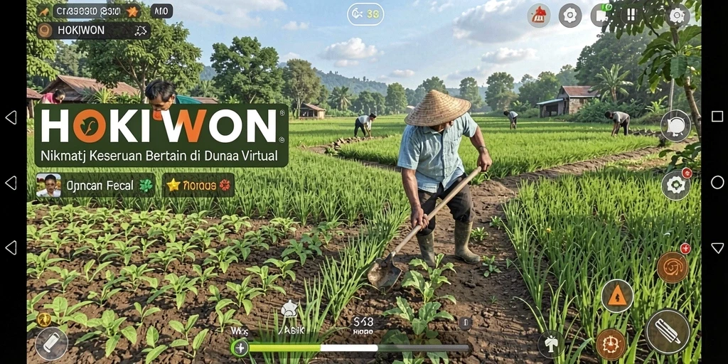 Tampilan gameplay HOKIWON yang menampilkan lahan pertanian yang subur dan interaksi sosial.