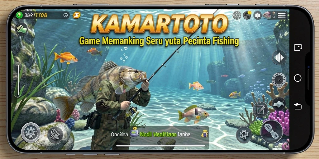 Screenshot gameplay KAMARTOTO menampilkan aksi memancing yang intens.