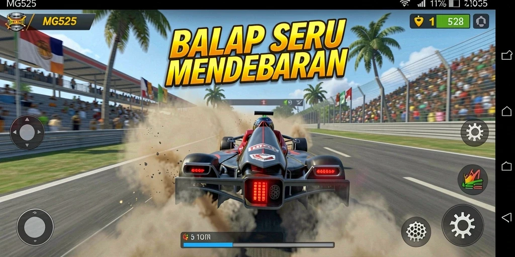 Tampilan aksi balapan seru dalam MG525 dengan berbagai kendaraan.