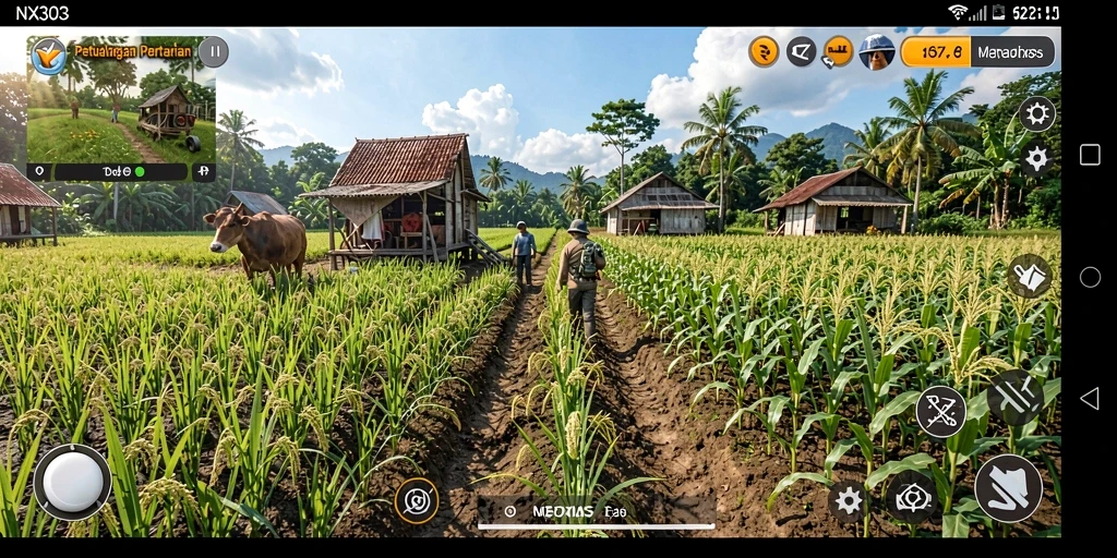 Tangkapan layar NX303 menampilkan aktivitas pertanian yang hidup dan interaktif.