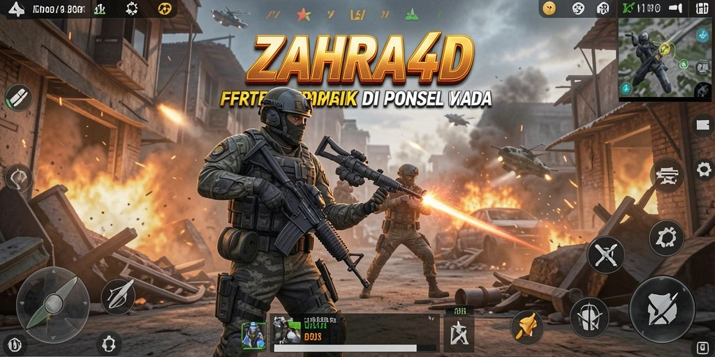 Tampilan gameplay ZAHRA4D menampilkan intense pertempuran FPS.
